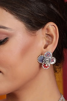 Oxidised Silver Finish Enameled Ear Studs In Sterling Silver