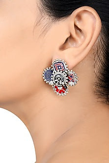 Oxidised Silver Finish Enameled Ear Studs In Sterling Silver