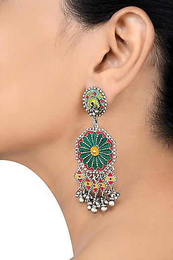 Oxidised Silver Finish Enameled Earrings In Sterling Silver
