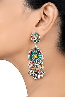 Oxidised Silver Finish Enameled Earrings In Sterling Silver