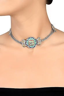 Oxidised Silver Finish Ghungroo Enameled Choker Necklace In Sterling Silver