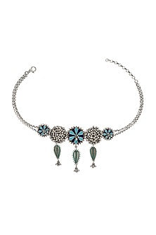 Oxidised Silver Finish Enameled Choker Necklace In Sterling Silver