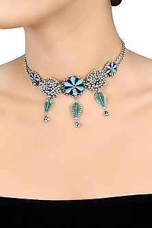 Oxidised Silver Finish Enameled Choker Necklace In Sterling Silver