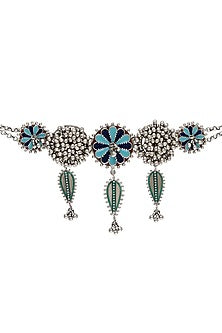 Oxidised Silver Finish Enameled Choker Necklace In Sterling Silver