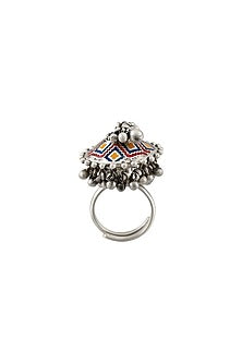 Oxidised Silver Finish Enameled Ring In Sterling Silver