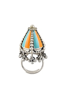 Oxidised Silver Finish Ghungroo Enameled Ring In Sterling Silver
