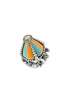 Oxidised Silver Finish Ghungroo Enameled Ring In Sterling Silver