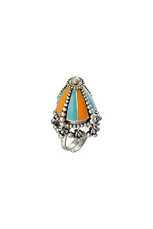 Oxidised Silver Finish Ghungroo Enameled Ring In Sterling Silver