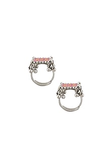 Oxidised Silver Finish Ghungroo Enameled Toe Ring In Sterling Silver (Set of 2)