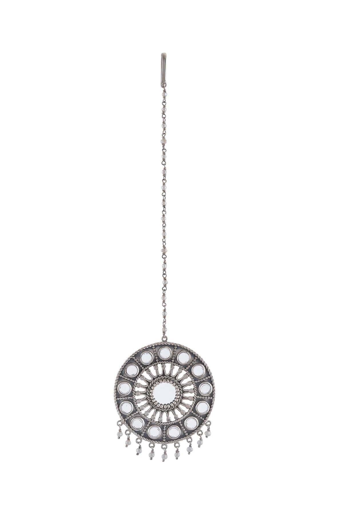 White Finish Oxidised Maang Tikka In Sterling Silver