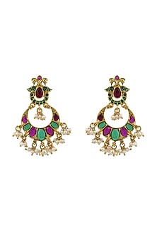 Gold Finish Pearl Chandbali Earrings In Sterling Silver