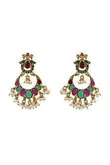 Gold Finish Pearl Chandbali Earrings In Sterling Silver