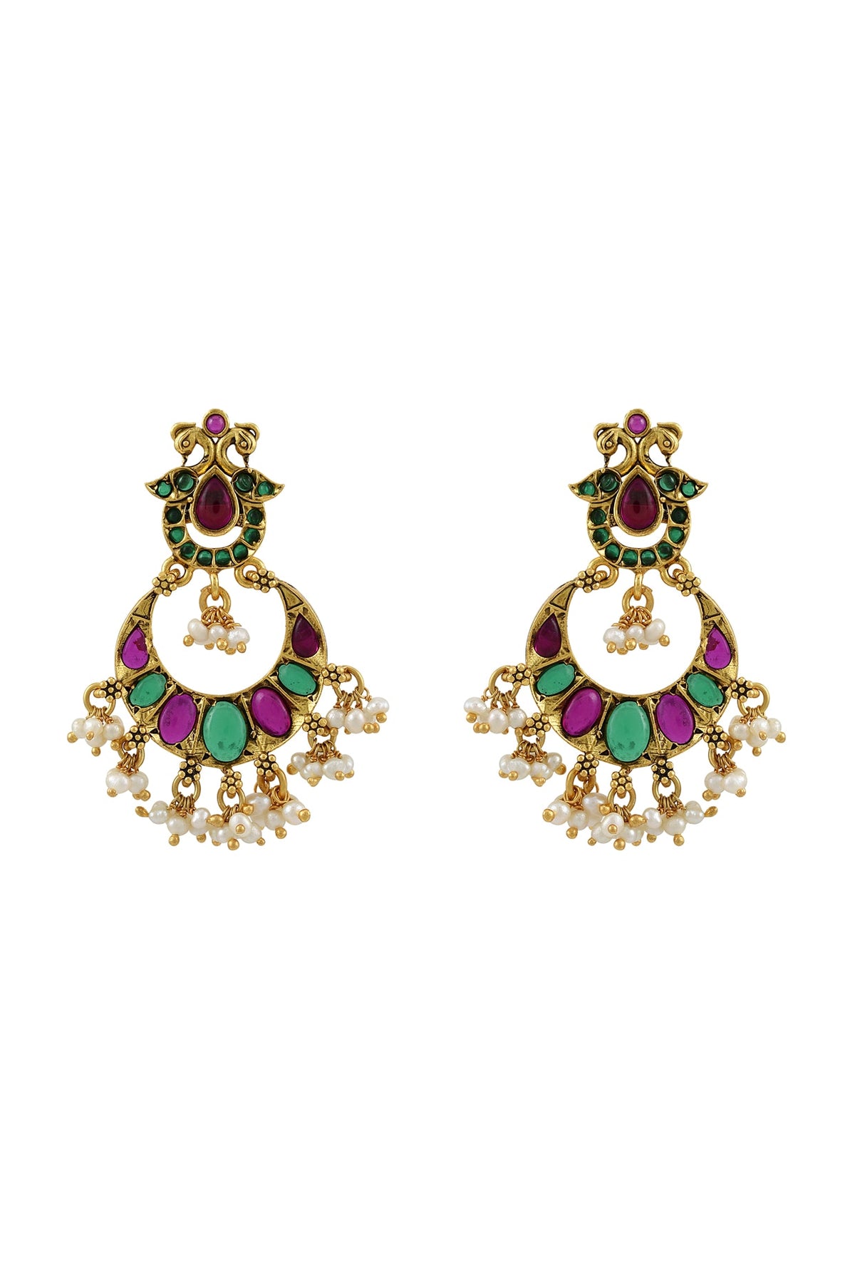 Gold Finish Pearl Chandbali Earrings In Sterling Silver