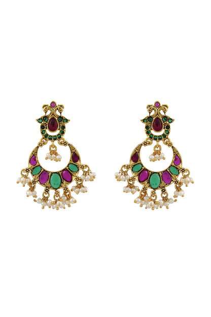 Gold Finish Pearl Chandbali Earrings In Sterling Silver