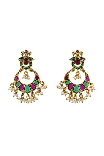Gold Finish Pearl Chandbali Earrings In Sterling Silver