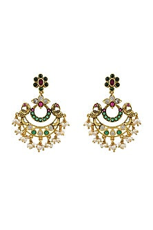 Gold Finish Pearl Handcrafted Chandbali Earrings In Sterling Silver