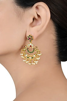Gold Finish Pearl Handcrafted Chandbali Earrings In Sterling Silver