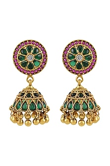 Gold Finish Handcrafted Colorful Glass Floral Jhumkas In Sterling Silver