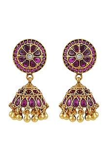 Gold Finish Pink Glass Floral Jhumkas In Sterling Silver