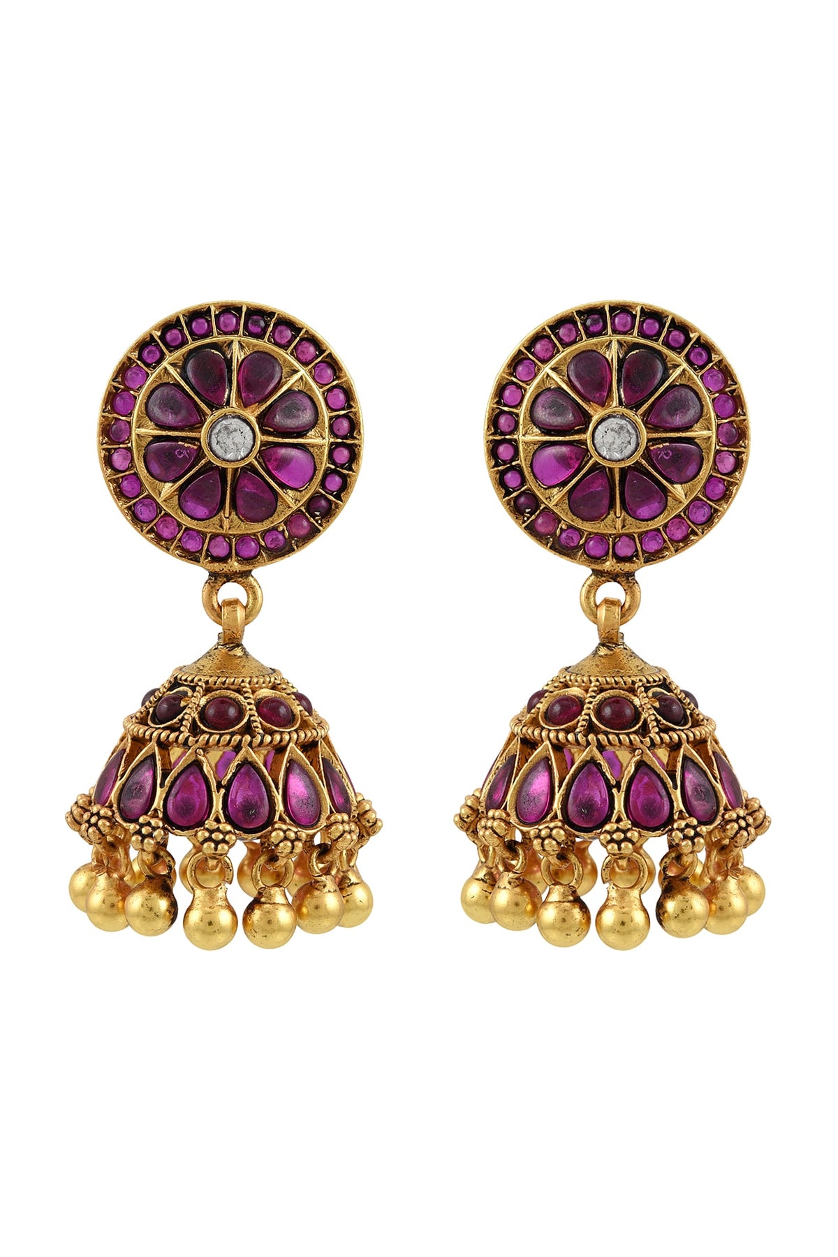 Gold Finish Pink Glass Floral Jhumkas In Sterling Silver