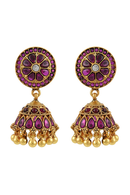 Gold Finish Pink Glass Floral Jhumkas In Sterling Silver