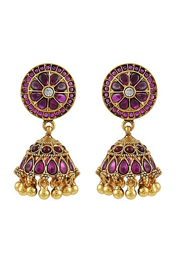 Gold Finish Pink Glass Floral Jhumkas In Sterling Silver