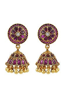 Gold Finish Pink Glass Floral Jhumkas In Sterling Silver