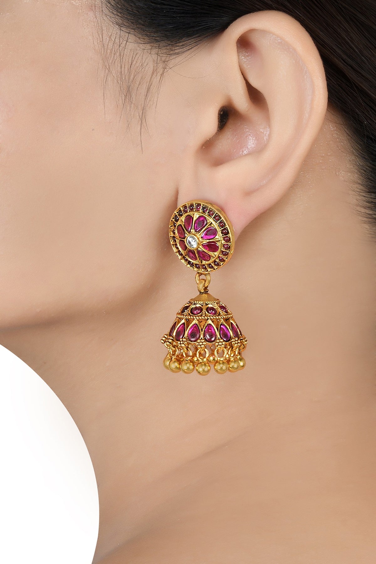 Gold Finish Pink Glass Floral Jhumkas In Sterling Silver