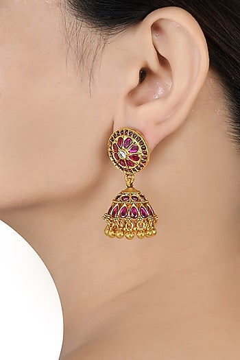 Gold Finish Pink Glass Floral Jhumkas In Sterling Silver
