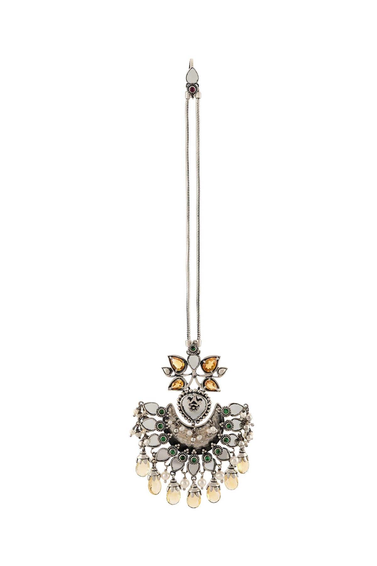 White Finish Pearl & Mirror Maang Tikka In Sterling Silver