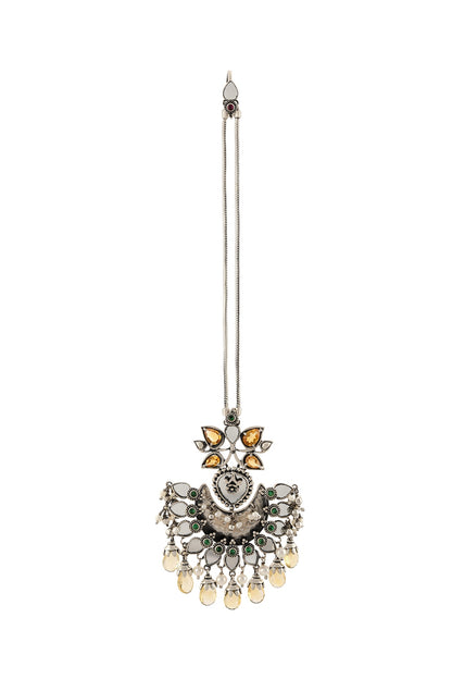 White Finish Pearl & Mirror Maang Tikka In Sterling Silver