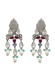 White Finish Floral Motifs Oxidized Earrings In Sterling Silver