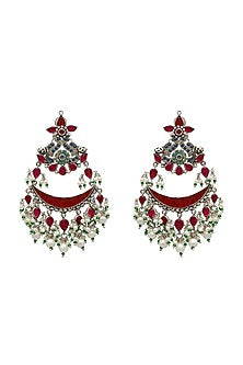 White Finish Crystal Oxidized Earrings In Sterling Silver