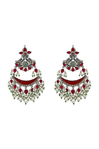 White Finish Crystal Oxidized Earrings In Sterling Silver