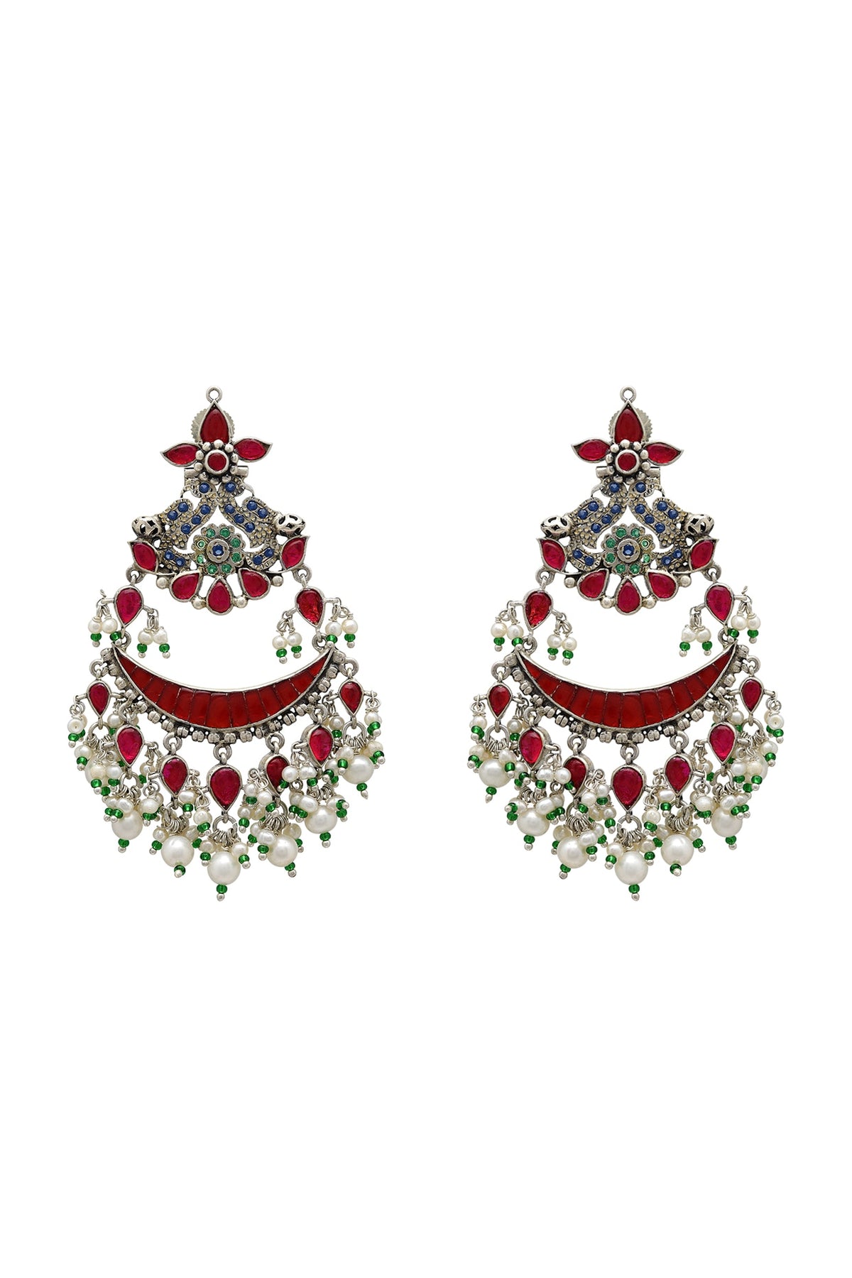 White Finish Crystal Oxidized Earrings In Sterling Silver