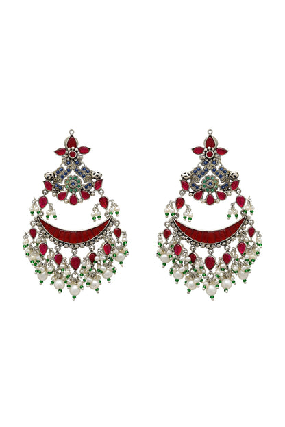 White Finish Crystal Oxidized Earrings In Sterling Silver