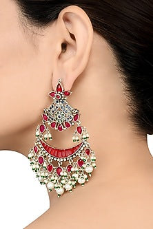 White Finish Crystal Oxidized Earrings In Sterling Silver
