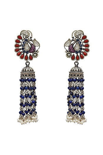 White Finish Pearl & Crystal Oxidized Earrings In Sterling Silver