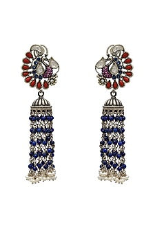 White Finish Pearl & Crystal Oxidized Earrings In Sterling Silver