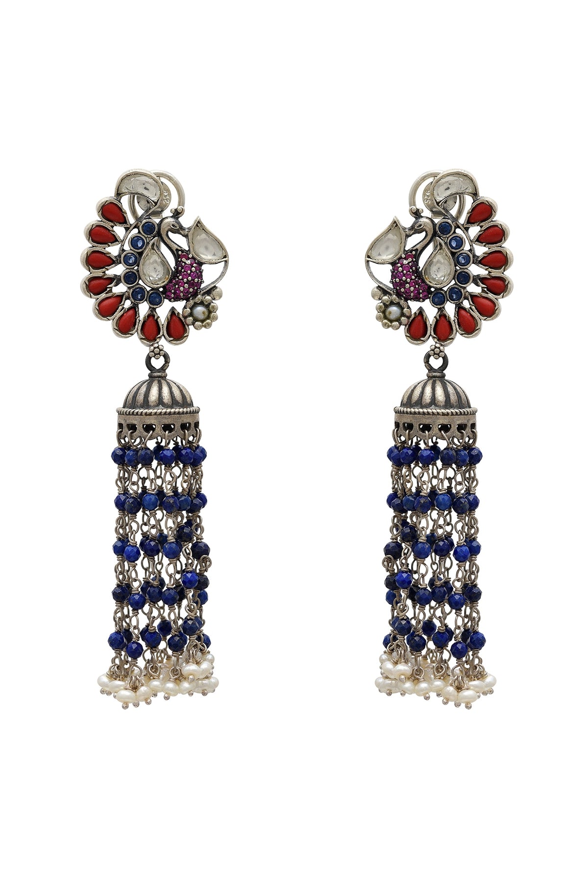White Finish Pearl & Crystal Oxidized Earrings In Sterling Silver