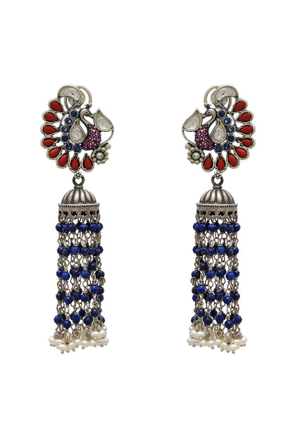 White Finish Pearl & Crystal Oxidized Earrings In Sterling Silver