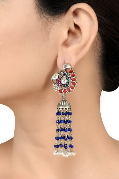 White Finish Pearl & Crystal Oxidized Earrings In Sterling Silver