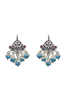 White Finish Glass Oxidized Earrings In Sterling Silver