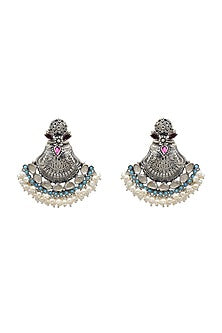 White Finish Pearl Oxidized Earrings In Sterling Silver