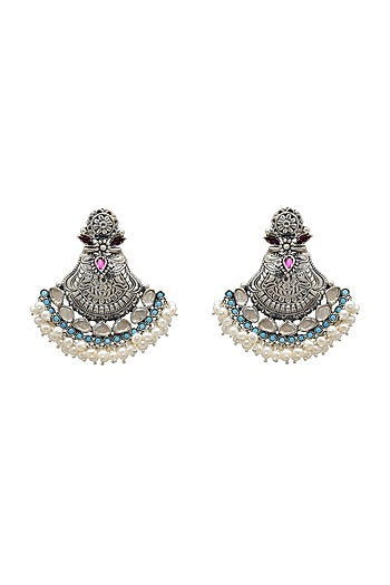 White Finish Pearl Oxidized Earrings In Sterling Silver
