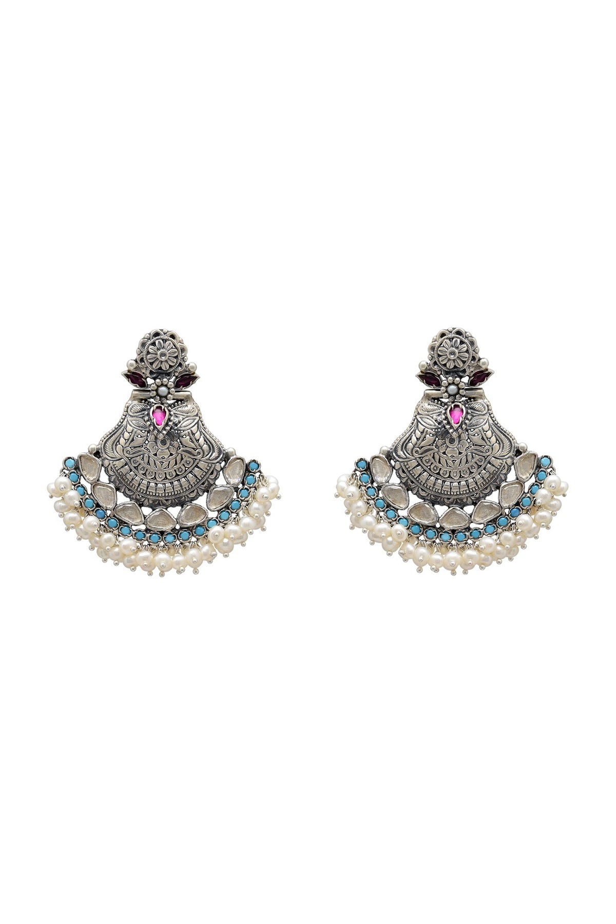 White Finish Pearl Oxidized Earrings In Sterling Silver