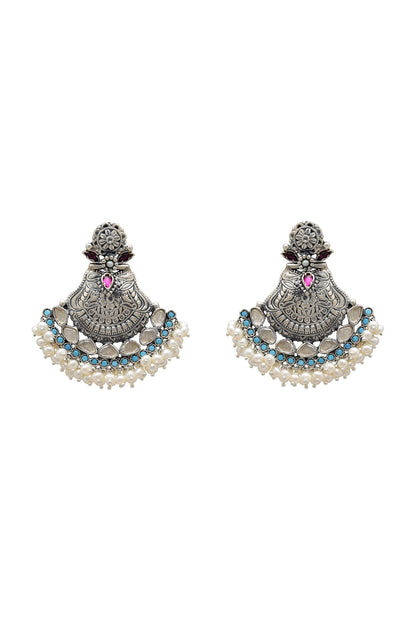 White Finish Pearl Oxidized Earrings In Sterling Silver
