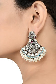White Finish Pearl Oxidized Earrings In Sterling Silver