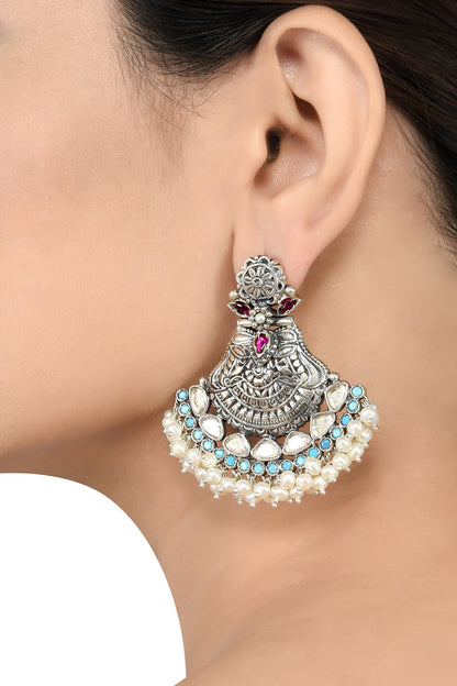 White Finish Pearl Oxidized Earrings In Sterling Silver