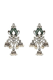 White Finish Pearl Dangler Oxidized Earrings In Sterling Silver